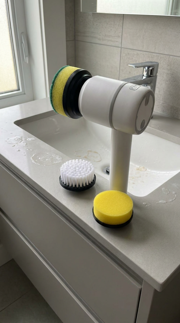 Cordless electric scrubber on bathroom vanity