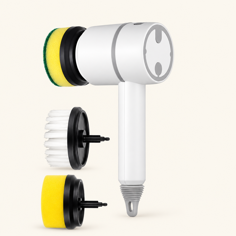 Studio illustration based on supplier photo: white electric scrubber with three heads