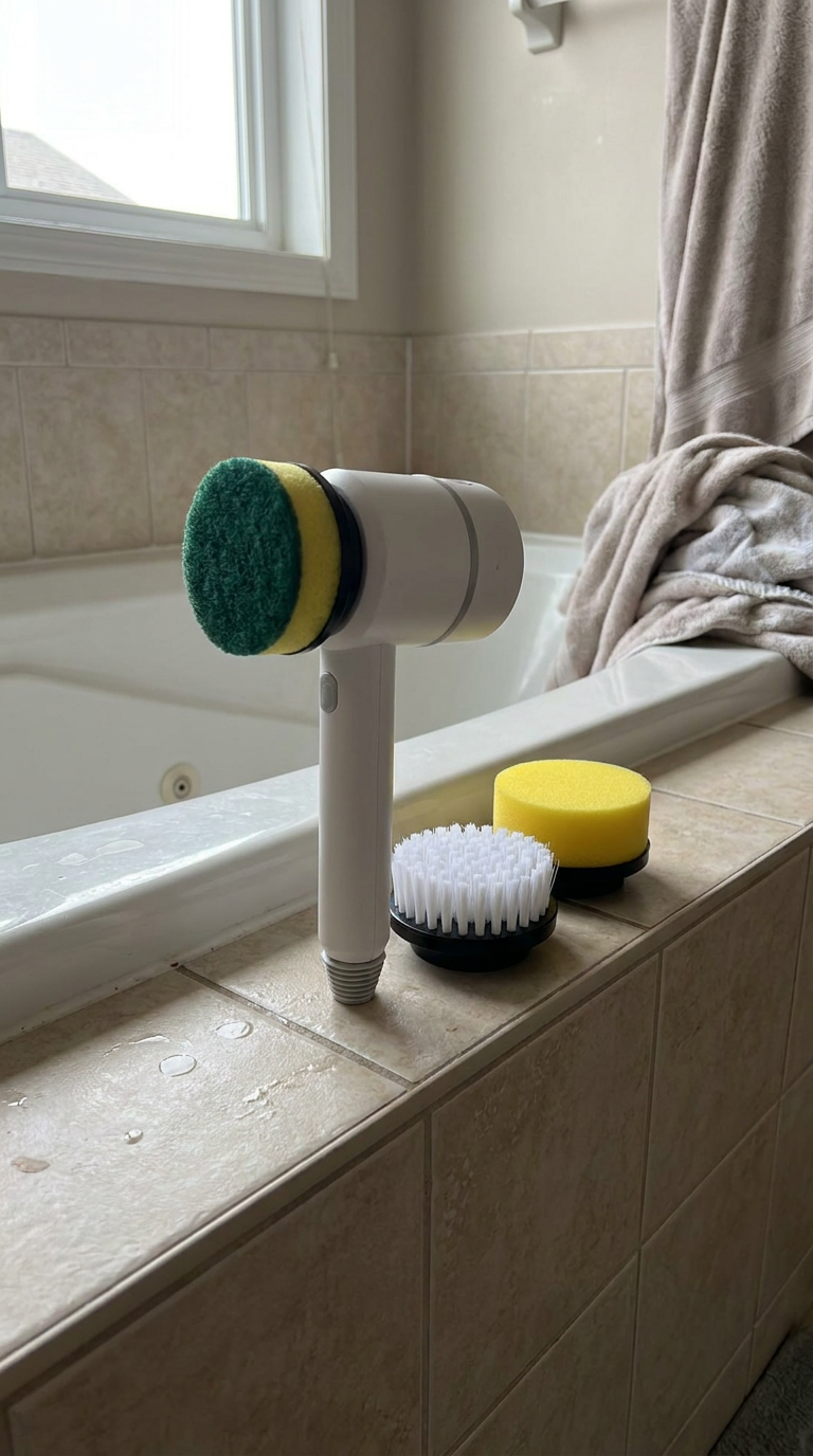 Cordless electric scrubber beside tiled tub